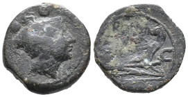 C series, Sardinia, c. 211 BC. Æ Sextans (18mm, 4.41g). Head of Mercury r. wearing winged petasus. R/ Prow of galley r.; C before. Crawford 63/6; RBW ...