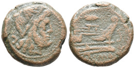 Corn-ear series, Sicily, c. 211-210 BC. Æ Semis (25mm, 16.00g). Laureate head of Saturn r. R/ Prow r.; corn-ear above. Crawford 72/12. Rare, Good Fine...