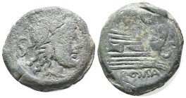 L. Saufeius, Rome, 152 BC. Æ Semis (23mm, 12.26g). Laureate head of Saturn r. R/ Prow of galley r.; crescent above. Crawford 204/3; RBW 876. Green pat...
