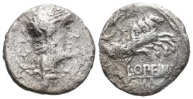 L. Opimius, Rome, 131 BC. AR Denarius (15mm, 3.50g). Helmeted head of Roma r.; wreath behind. R/ Victory driving galloping quadriga r., holding reins ...