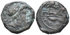 Elephant's head series, Rome, 128 BC. Æ Semis (20mm, 6.30g). Laureate head of Saturn r. R/ Prow r.; elephant head above. Crawford 262/2; RBW 1061. Goo...