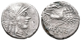 M. Fannius C.f. Rome, 123 BC, AR Denarius (18mm, 3.24g). Helmeted head of Roma r. R/ Victory driving galloping quadriga r., holding reins and wreath. ...