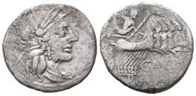 Cn. Papirius Carbo, Rome, 121 BC. AR Denarius (19mm, 3.44g). Helmeted head of Roma r. R/ Jupiter driving galloping quadriga r., hurling thunderbolt an...