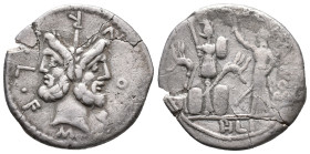 M. Furius L.f. Philus, Rome, 120 BC. AR Denarius (21mm, 3.58g). Laureate head of Janus. R/ Roma standing l., holding spear and crowning trophy of Gall...