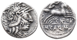 M. Calidius, Q. Metellus, and Cn. Fulvius, Rome, 117-116 BC. AR Denarius (18mm, 1.96g). Helmeted head of Roma r. R/ Victory driving biga r. Crawford 2...