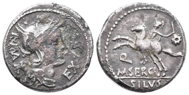 M. Sergius Silus, Rome, 116-115 BC. AR Denarius (17mm, 3.00g). Helmeted head of ...