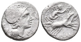 L. Flaminius Chilo, Rome, 109-108 BC. AR Denarius (17mm, 3.56g). Helmeted head of Roma r. R/ Victory driving biga r. Crawford 302/1; RBW 1144; RSC Fla...