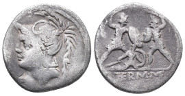 Q. Minucius Thermus M. f. Roma, 103 BC. AR Denarius (17mm, 3.74g) Helmeted bust of Mars l. R/ Two warriors in combat, one on l. protecting a fallen ma...