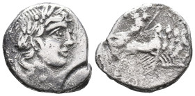 C. Vibius C.f. Pansa, Rome 90 BC. AR Denarius (15mm, 4.00g). Laureate head of Apollo r.; symbol below chin. R/ Minerva driving galloping quadriga r. C...