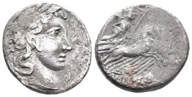 C. Vibius C.f. Pansa, Rome 90 BC. AR Denarius (17mm, 3.59g). Laureate head of Apollo r.; symbol below chin. R/ Minerva driving galloping quadriga r. C...