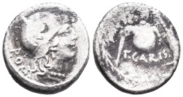 Roman Imperatorial, T. Carisius, Rome, 46 BC. AR Denarius (18mm, 3.18g). Rome. Head of Roma r., wearing ornate crested helmet. R/ Sceptre, cornucopia ...