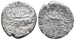Mark Antony, Patrae(?), Autumn 32-spring 31 BC. AR Denarius (16mm, 3.60g). Legionary type. Galley r. R/ LEG VI, legionary aquila between two signa. Cr...