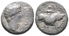 Divus Augustus (died 14). Macedon, Amphipolis. Æ (20mm, 5.74g), c. 14-36. Radiate head r. R/ Artemis Tauropolos, holding billowing veil, on bull runni...