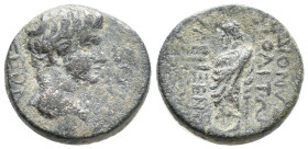 Tiberius (14-37). Phrygia, Dionysopolis. Æ (18mm, 2.95g). Charixenos III, magistrate. Bare head r. R/ Dionysos standing left, holding thyrsos and grap...
