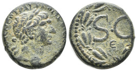 Trajan (98-117). Seleucis and Pieria, Antioch. Æ (18mm, 7.56g). Laureate head r. R/ Large SC; Є below; all within laurel wreath. RPC III 3604. VF