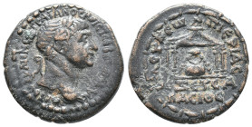Trajan (98-117). Seleucis and Pieria, Seleucia. Æ (19mm, 4.92g). Laureate bust r. R/ Sacred stone of Zeus Kasios with fillet attached within shrine co...