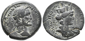 Antoninus Pius (138-161). Seleucis and Pieria, Laodicea ad Mare. Æ (25mm, 10.21g). Laureate head r.; c/m: laureate head r. R/ Turreted and draped bust...
