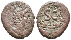 Marcus Aurelius (161-180). Seleucis and Pieria, Antioch. Æ (20mm, 9.24g). Laureate head r. R/ Large SC; palm-branch above, K to l., A to r., BI below;...