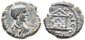 Diadumenian (Caesar, 217-218). Cappadocia, Caesarea. Æ (16mm, 5.00g), year 2 (AD 218). Bare-headed, draped and cuirassed bust r. R/ Distyle temple wit...