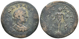 Elagabalus (218-222). Cilicia, Tarsus. Æ (26mm, 8.15g). Laureate, draped and cuirassed bust r. R/ Apollo Lykeios standing facing on omphalos, holding ...