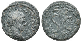 Elagabalus (218-222). Seleucis and Pieria, Antioch. Æ (19mm, 6.24g). Laureate head r. R/ Large SC; ΔЄ above, eagle below; all within wreath. RPC VI on...