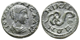 Julia Maesa (Augusta, 218-224/5). Bithynia, Nicaea. Æ (17mm, 2.48g). Draped bust r. R/ Serpent coiled r. RPC VI online 3108 (temporary). Rare, VF