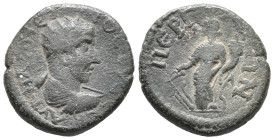 Maximinus I (235-238). Pamphylia, Perge. Æ (17mm, 4.50g). Radiate, draped and cuirassed bust r. R/ Tyche standing l., holding rudder and cornucopia. R...