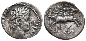Augustus (27 BC-AD 14). AR Denarius (20mm, 3.57g). Lugdunum, 8 BC. Laureate head r. R/ Caius caesar on horseback riding r., holding sword and reins; t...