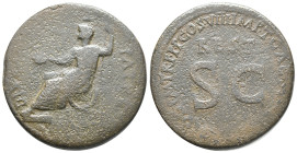 Divus Augustus (died AD 14). Æ Sestertius (33mm, 24.40g). Restitution issue. Rome, under Titus, AD 80-1. Augustus seated l. on throne with back, holdi...