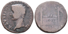 Tiberius (Caesar, AD 4-14). Æ As (24mm, 10.01g). Lugdunum (Lyon), 13-4. Laureate head of Tiberius l. R/ Front elevation of the Altar of Lugdunum, deco...