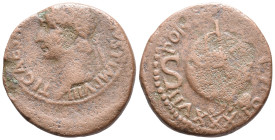Tiberius (14-37). Æ As (21mm, 9.75g). Rome, 34-5. Laureate head l. R/ Rudder placed vertically across globe, a band across globe; below, to r., a smal...
