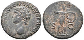 Claudius (41-54). Æ As (27mm, 10.68g). Rome. Bare head l. R/ Minerva, wearing aegis, advancing r., brandishing spear with r. hand and holding round sh...