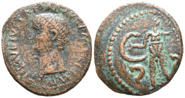 Claudius (41-54). Æ As (20mm, 9.64g). Imitating a Rome mint issue. Bare head l. R/ Minerva advancing l., brandishing spear and holding shield. Cf. RIC...