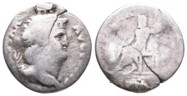 Nero (54-68). AR Denarius (16mm, 2.75g). Rome, c. 67-8. Laureate head r. R/ Jupiter seated l., holding thunderbolt and sceptre. RIC I 64 or 69. Fair