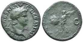 Nero (54-68). Æ As (27mm, 10.00g). Rome, c. AD 65. Laureate head r. R/ Victory flying l., holding shield inscribed S P Q R. RIC I 312. Green patina, G...