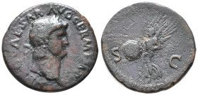 Nero (54-68). Æ As (26mm, 10.55g). Rome, c. AD 65. Laureate head r. R/ Victory flying l., holding shield inscribed S P Q R. RIC I 312. Good Fine