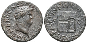 Nero (54-68). Æ As (24mm, 7.80g). Rome, c. AD 66. Laureate head r. R/ Three-quarter view of the Temple of Janus, garland hung across double doors to r...