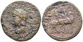 Nero (54-68). Æ Sestertius (34mm, 21.95g). Lugdunum, c. AD 65. Laureate head l., globe at point of neck. R/ Nero on horseback riding r., holding spear...