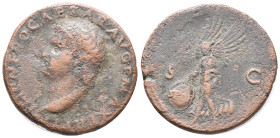 Nero (54-68). Æ As (25mm, 10.00g). Lugdunum, c. AD 66. Bare head l. R/ Victory flying l., holding shield inscribed SPQR. RIC I 544. Fine - Good Fine