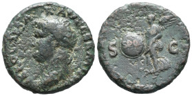 Nero (54-68). Æ As (24mm, 9.34g). Lugdunum, c. AD 66. Bare head l. R/ Victory flying l., holding shield inscribed SPQR. Cf. RIC I 544. Fine