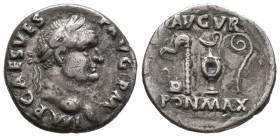 Vespasian (69-79). AR Denarius (17mm, 2.86g). Rome, July–December AD 71. Laureate head r. R/ Augural and pontifical emblems: simpulum, aspergillum, gu...