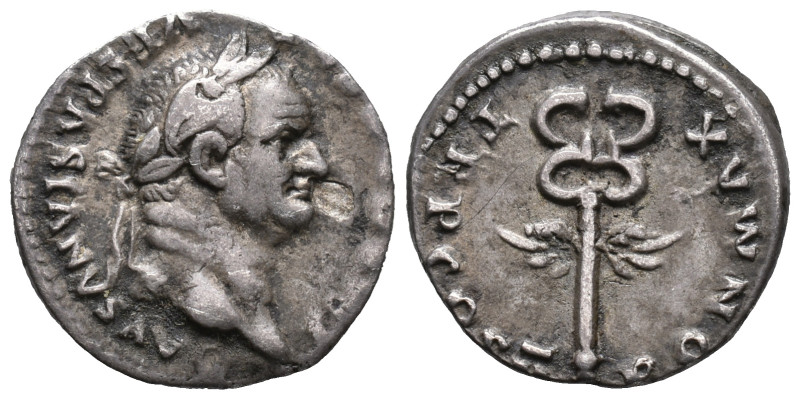 Vespasian (69-79). AR Denarius (19mm, 2.95g). Rome, AD 74. Laureate head r. R/ W...