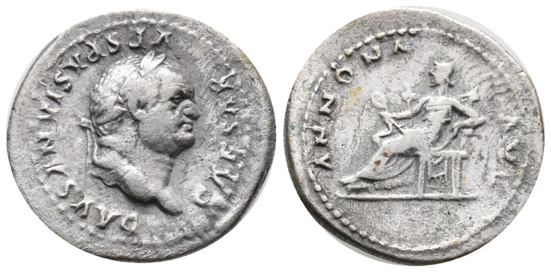 Vespasian (69-79). AR Denarius (18mm, 3.25g). Rome, 77-8. Laureate head r. R/ An...