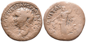 Titus (79-81). Æ As (26mm, 13.79g). Rome, 80-1. Laureate head l. R/ Aequitas standing l., holding scales and pertica. Cf. RIC II 215. Fine