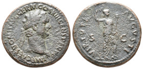 Domitian (81-96). Æ As (28mm, 9.22g). Rome, AD 87. Laureate head r. R/ Virtus standing r., with foot on helmet, holding spear and parazonium. RIC II 5...