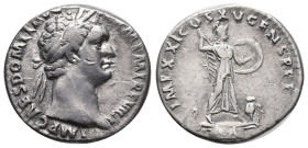 Domitian (81-96). AR Denarius (16mm, 3.15g). Rome, AD 92. Laureate head r. R/ Minerva standing r. on capital of rostral column, brandishing javelin an...