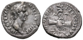 Nerva (96-98). AR Denarius (18mm, 3.17g). Rome, AD 96. Laureate head r. R/ Clasped hands; behind, aquila l. set on prow l. RIC II 3; RSC 25. Near VF