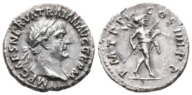 Trajan (98-117). AR Denarius (17mm, 3.10g). Rome, 101-2. Laureate head r. R/ Mars advancing r., carrying spear and trophy over shoulder. RIC II 52; Wo...