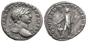 Trajan (98-117). AR Denarius (18mm, 3.42g). Rome, AD 110. Laureate bust r., slight drapery. R/ Arabia standing l., holding branch and bundle of canes;...