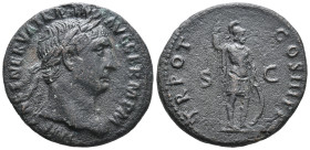 Trajan (98-117). Æ As (28mm, 10.43g). Rome, AD 100. Laureate bust r., with slight drapery. R/ Mars standing r., holding spear and shield set on ground...